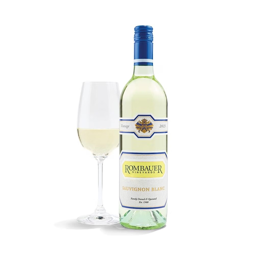 Bottle and glass of Rombauer Vineyards Sauvignon Blanc