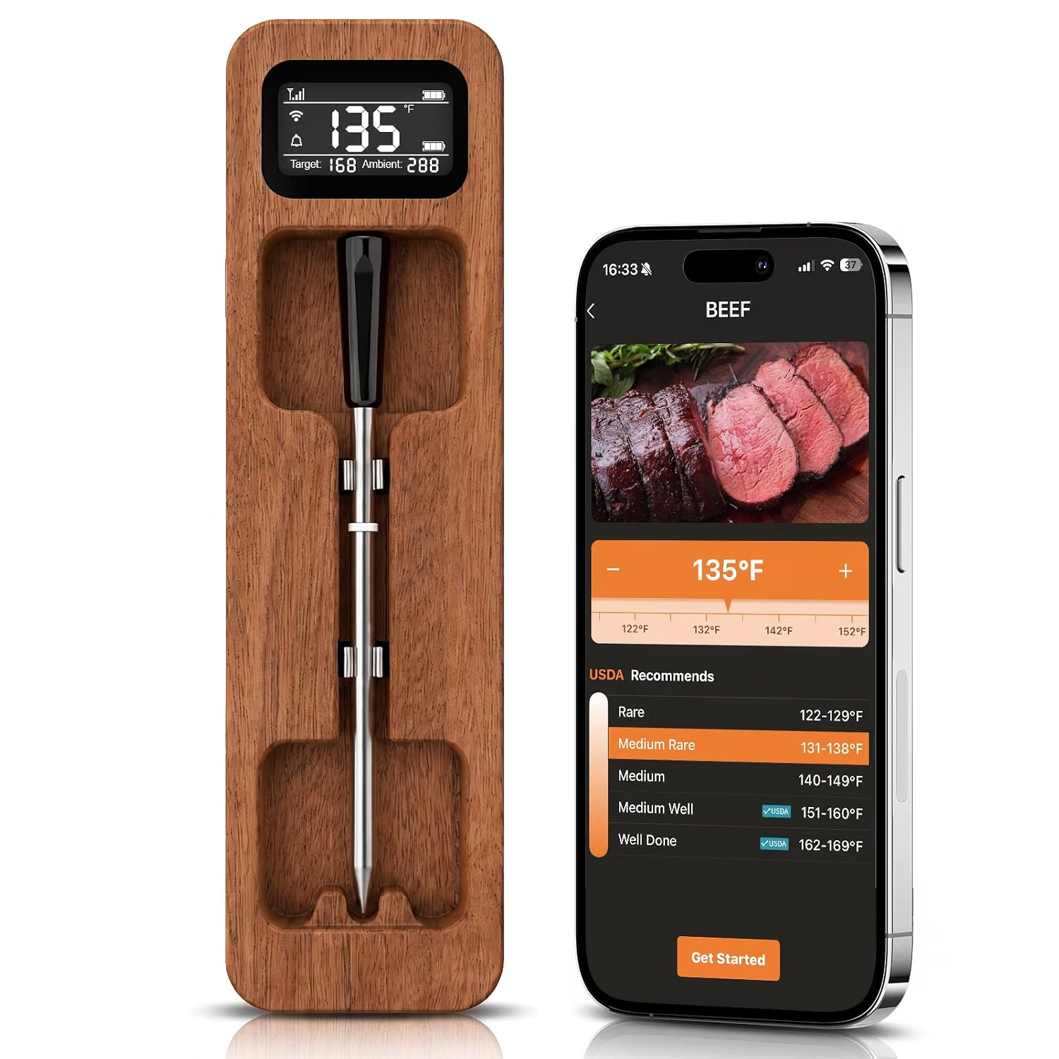 Wireless leave-in digital probe thermometer with display and mobile app