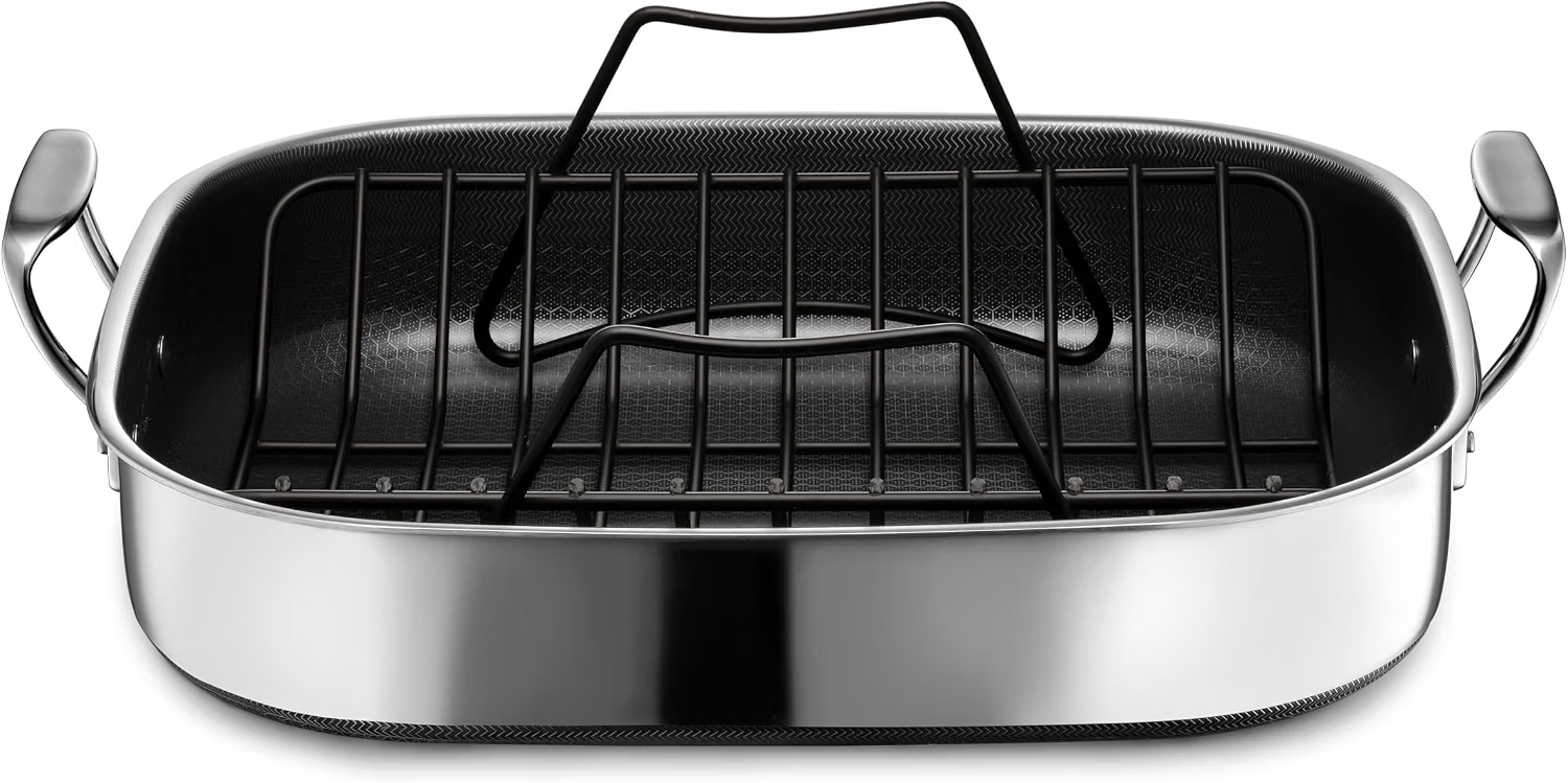 Large stainless steel roasting pan with fitted rack
