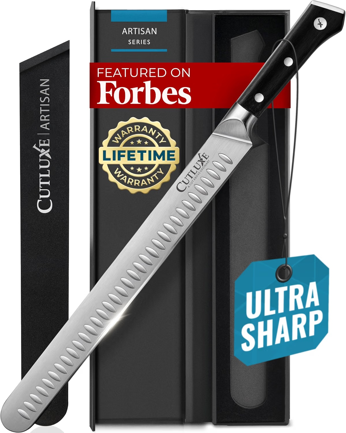 Twelve-inch stainless steel carving knife with protective sheath