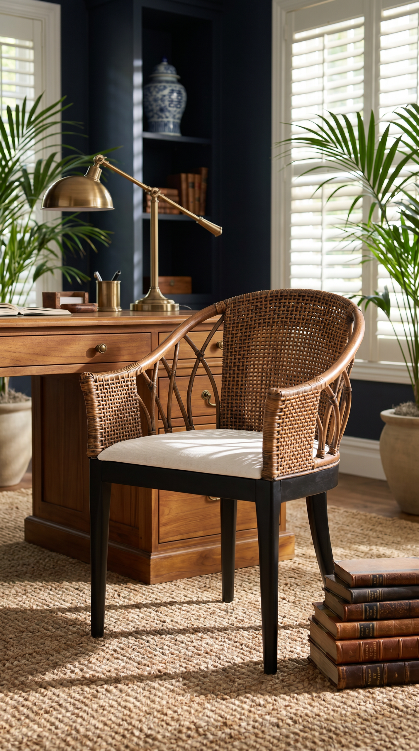 Woven rattan chair in a refined tropical interior