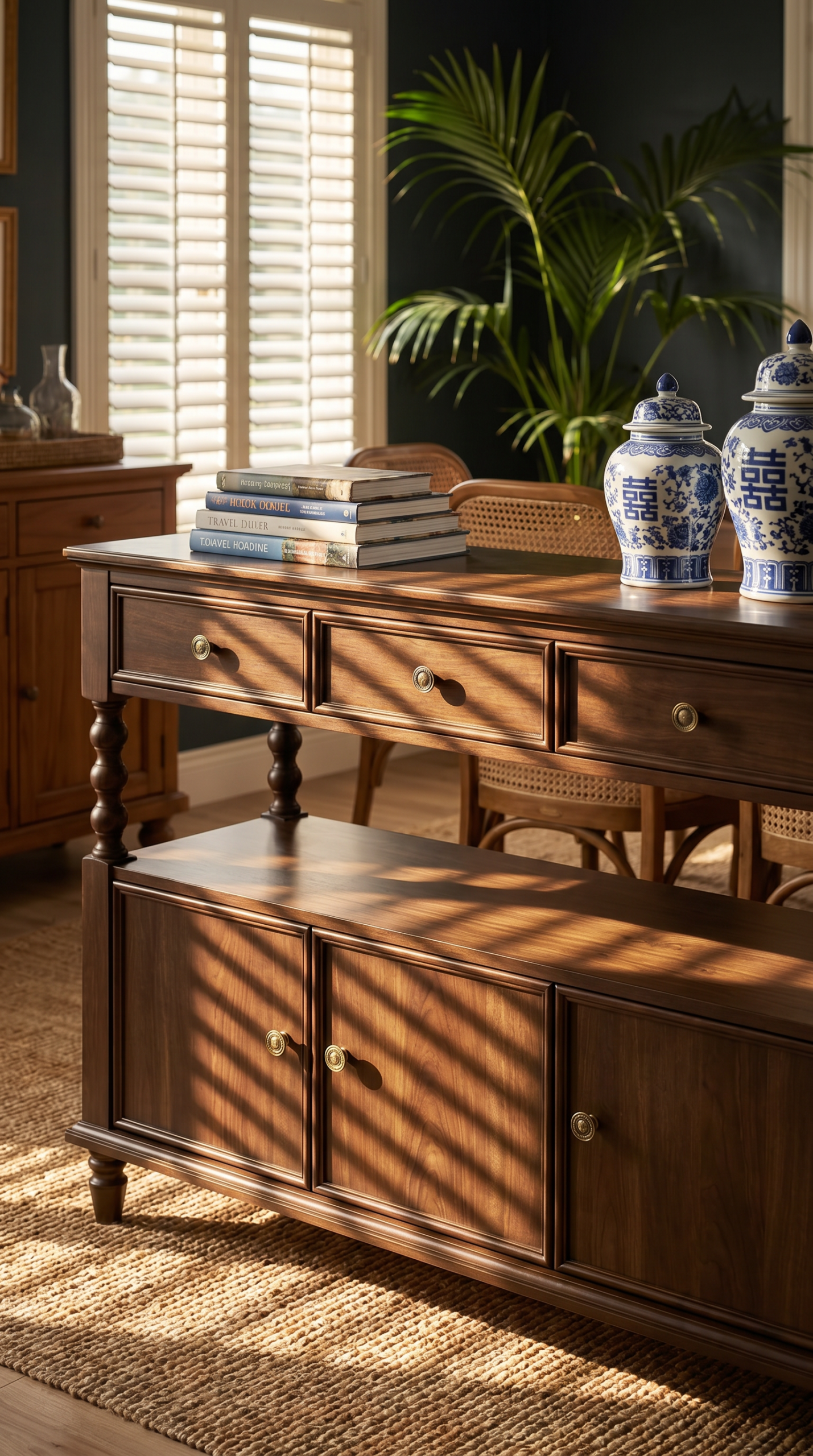 Warm wood console styled with books, blue-and-white pottery, and tropical greenery