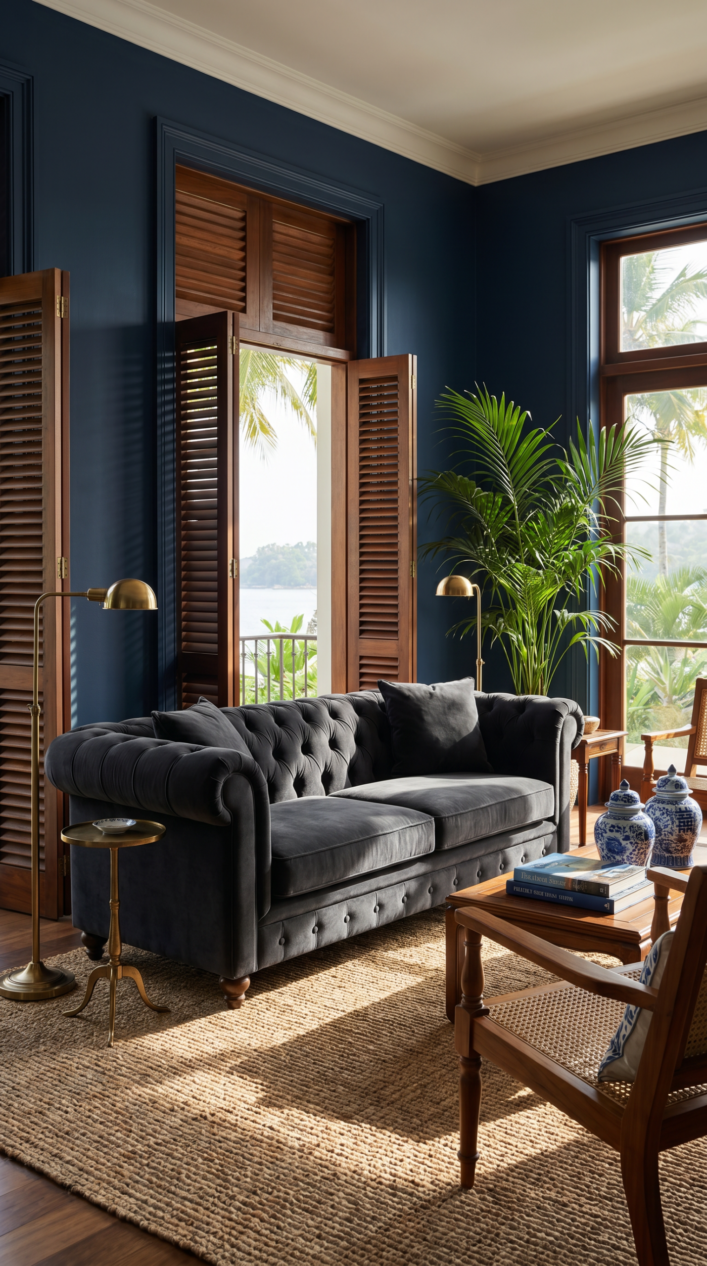 Dark velvet Chesterfield sofa in a Havana Modern living room
