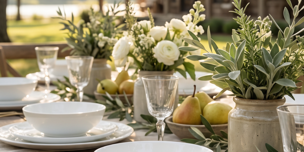 Elegant outdoor resort-style table with white flowers, greenery and pears
