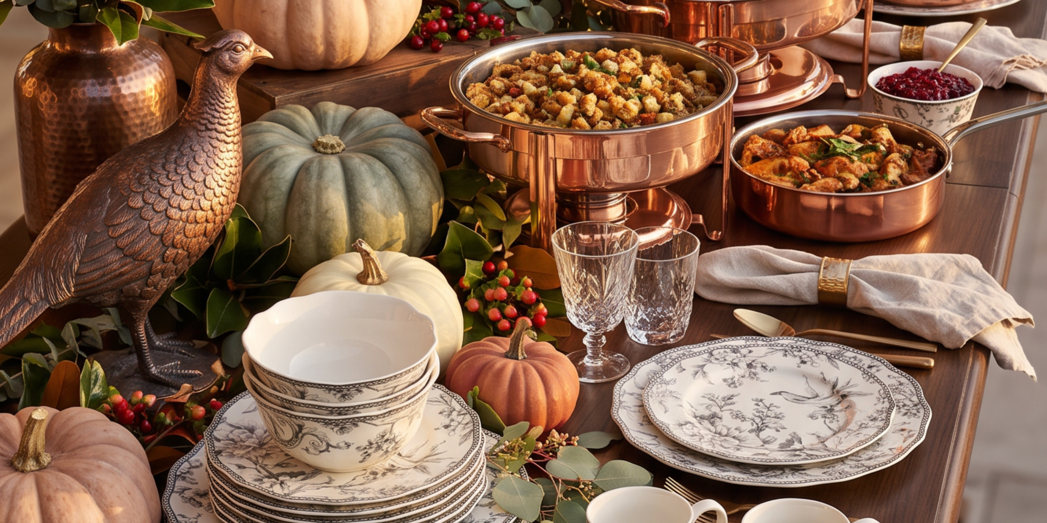 Thanksgiving buffet arranged in copper serving pieces with pumpkins, seasonal greenery, and patterned dinnerware