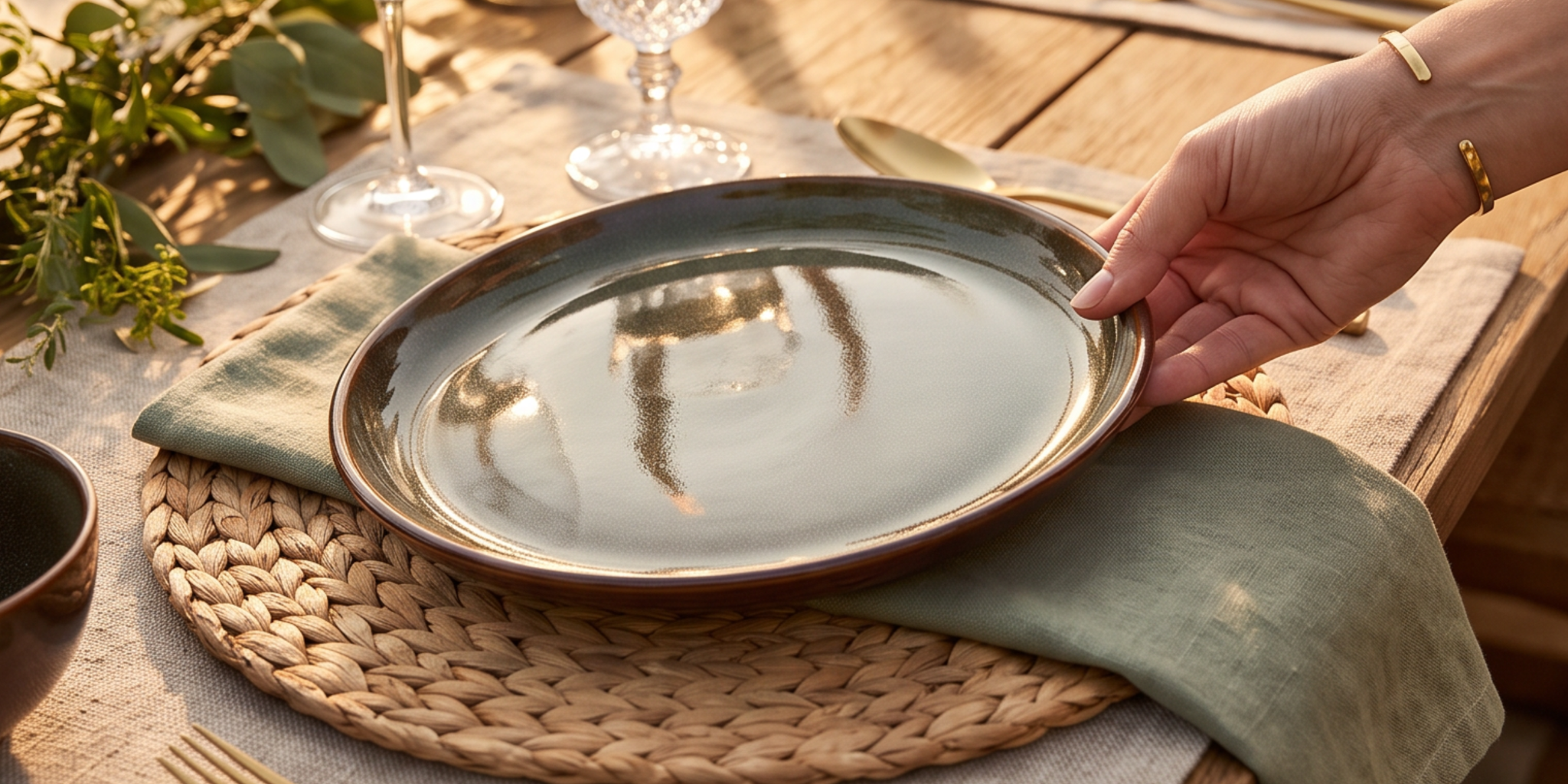 Hand placing a ceramic dinner plate on a woven charger with sage linen at a Thanksgiving table