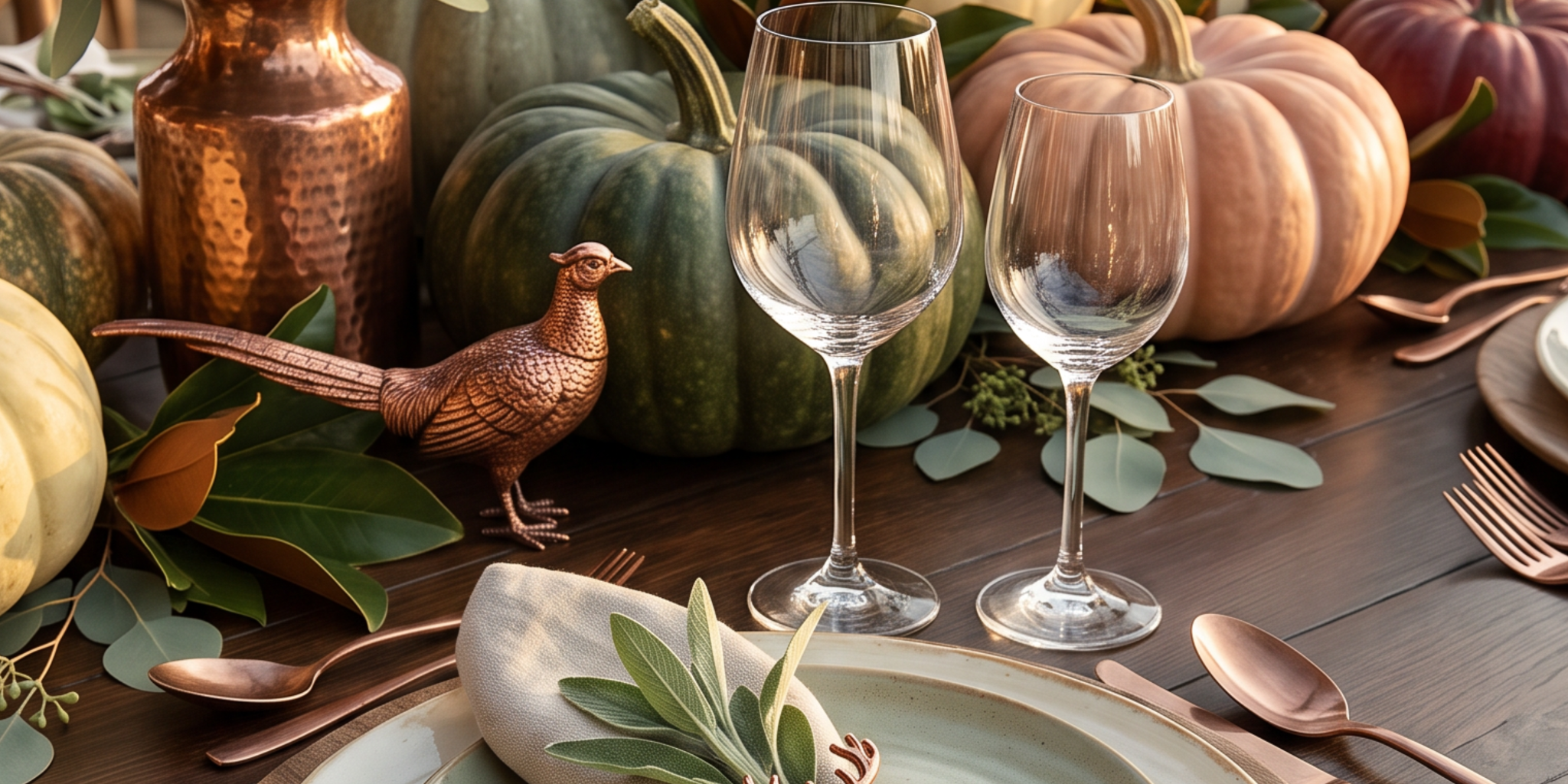 Thanksgiving table styled with wine glasses, pumpkins, greenery, copper accents, and neutral linens