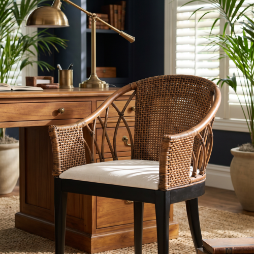 AI image 2 for DUHOME Wood Rattan Arm Accent Chair Natural Wash_White Cushion Side Armchair Gianni Brown & Black Solid Living Room Chair for Living R (2)
